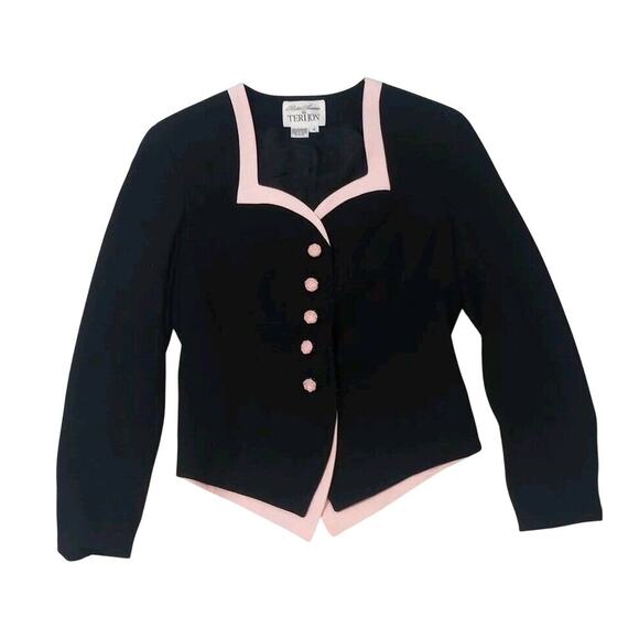 Rickie Freeman Teri Jon Blazer Top Womens Sz 6 Black Pink Rose Buttons Formal - Picture 3 of 8